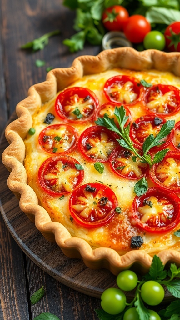 A golden-brown Quiche Napolitaine filled with tomatoes and cheese, garnished with herbs on a wooden table.